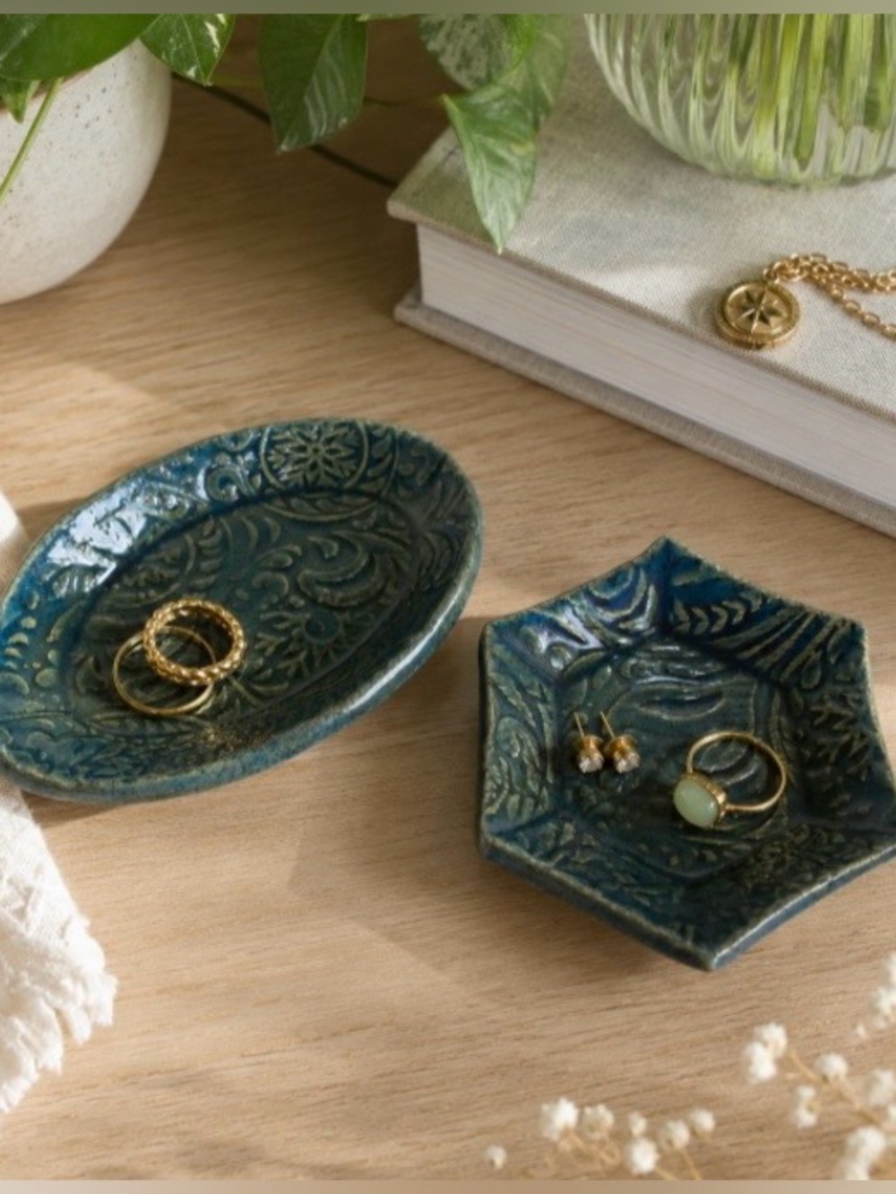 Handmade Pottery Trinket Dish Set of 2 Blue Floral Carved Ring Jewelry Small